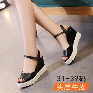 2018夏真皮坡跟凉鞋女松糕厚底鱼嘴鞋小码高跟鞋31 32 33新款百搭
