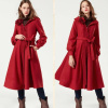 赠腰带+ 绝妙手工胸花阿卡灯笼袖复古红色毛呢外套连衣裙FA10870D